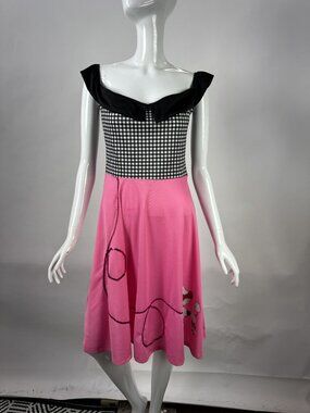 Retro-Inspired Pink & Black Gingham Off-Shoulder Dress With Sequin Accents Blemi